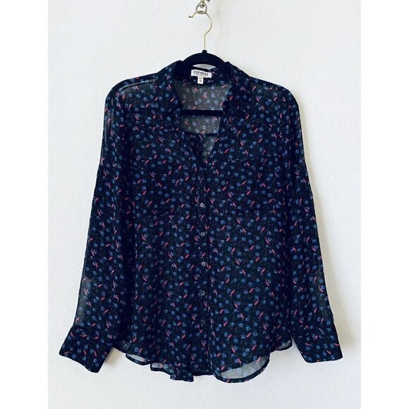 Express Portofino Shirt Womens Medium Floral Sheer Long Sleeves Black Boho - Picture 3 of 7